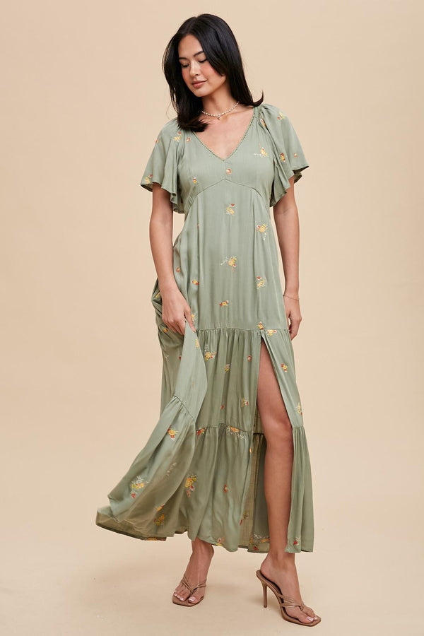 ALL OVER VISCOSE EMBROIDERED MAXI DRESS