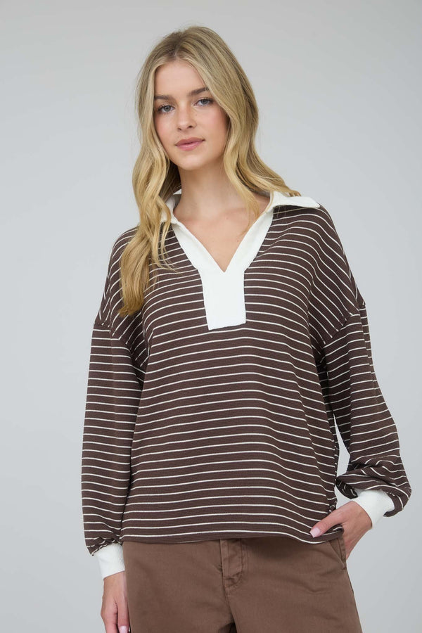 Contrast Collar Stripe Long Sleeve Knit Top in Brown