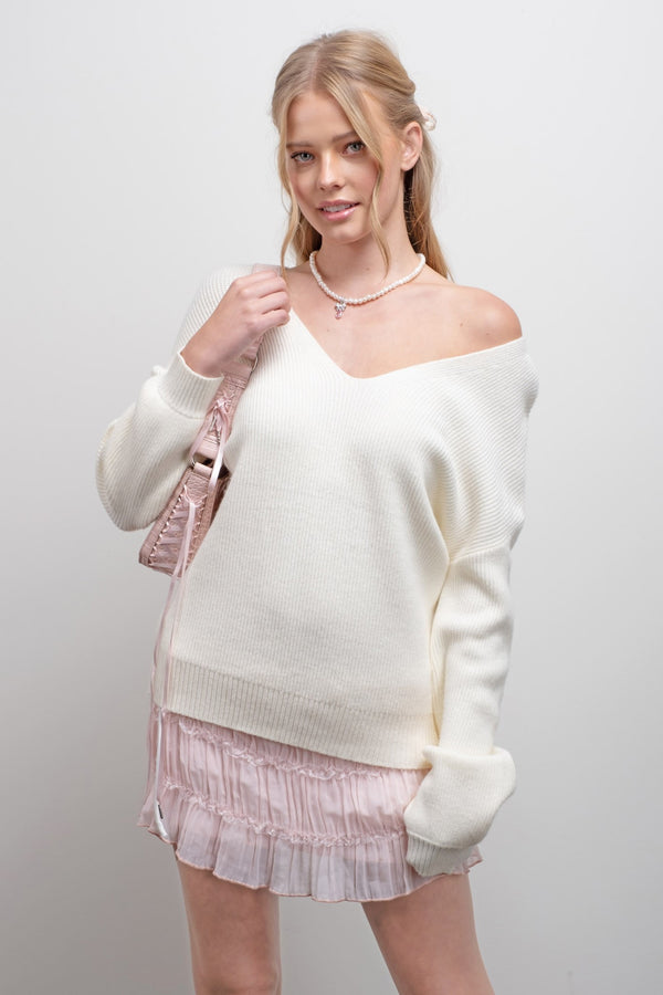 V Neck Drop Shoulder Back Bow Tie Detail Sweater in Cream