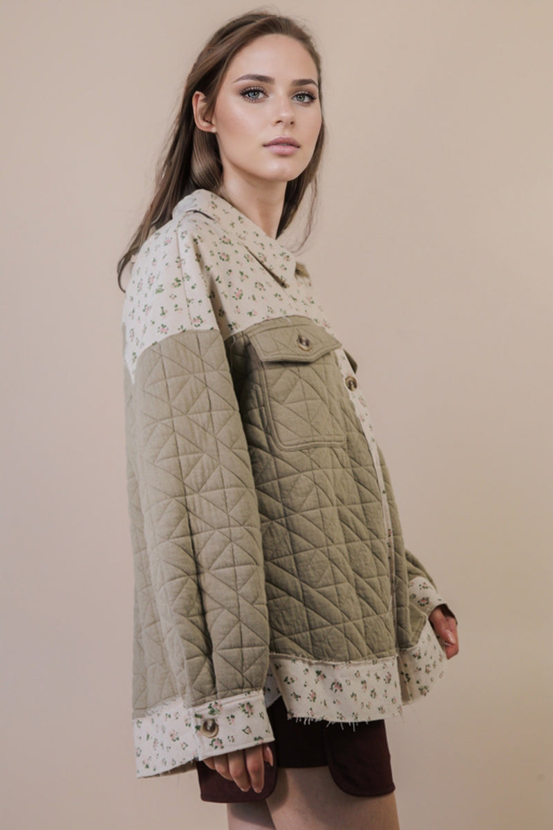 Oversized Floral Printed Contrast Cotton Jacket in Sage
