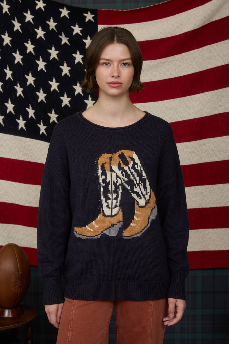 Western Boot Jacquard Long Sleeve Knit Sweater in Navy
