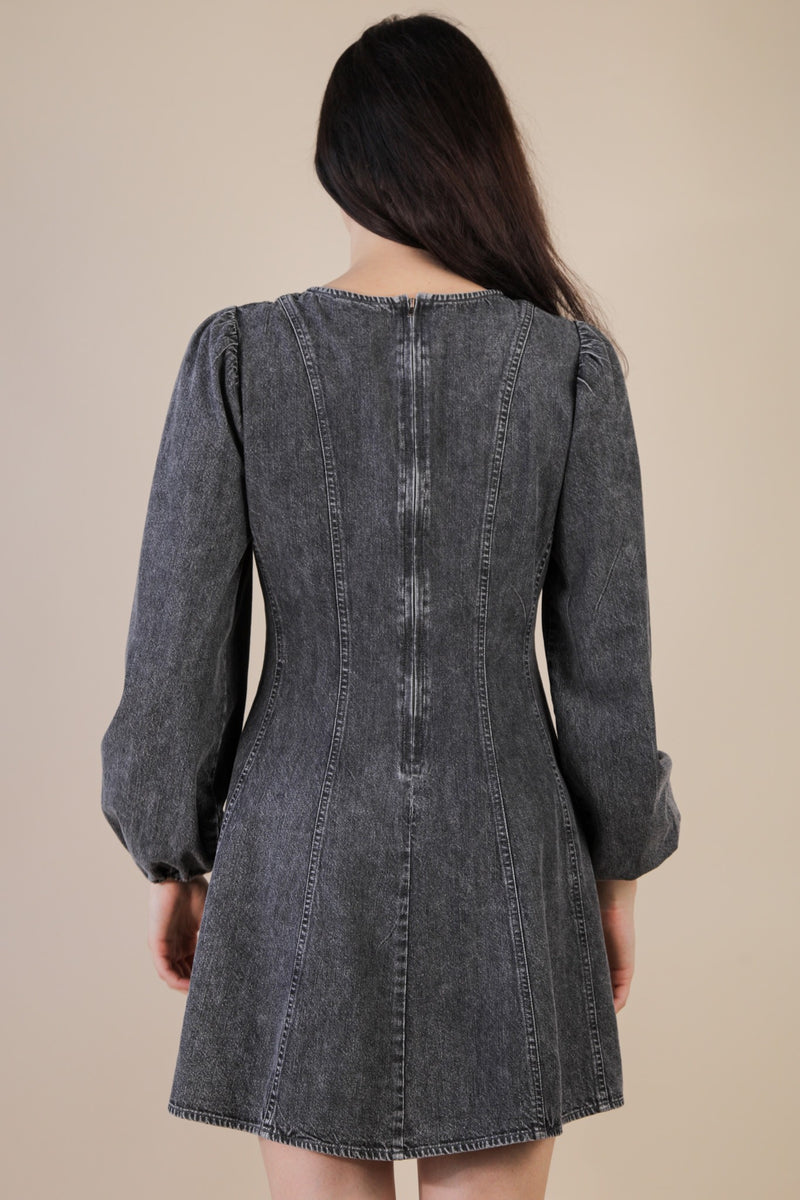 Mineral Washed Denim Seam Detail Mini Dress in Grey