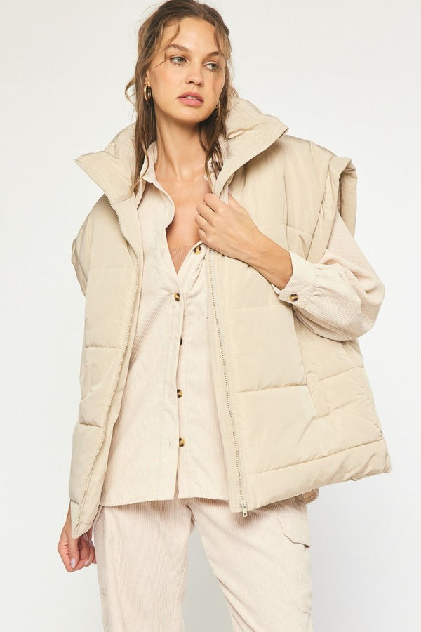 Quilted Collared Oversized Puff Vest in Sand