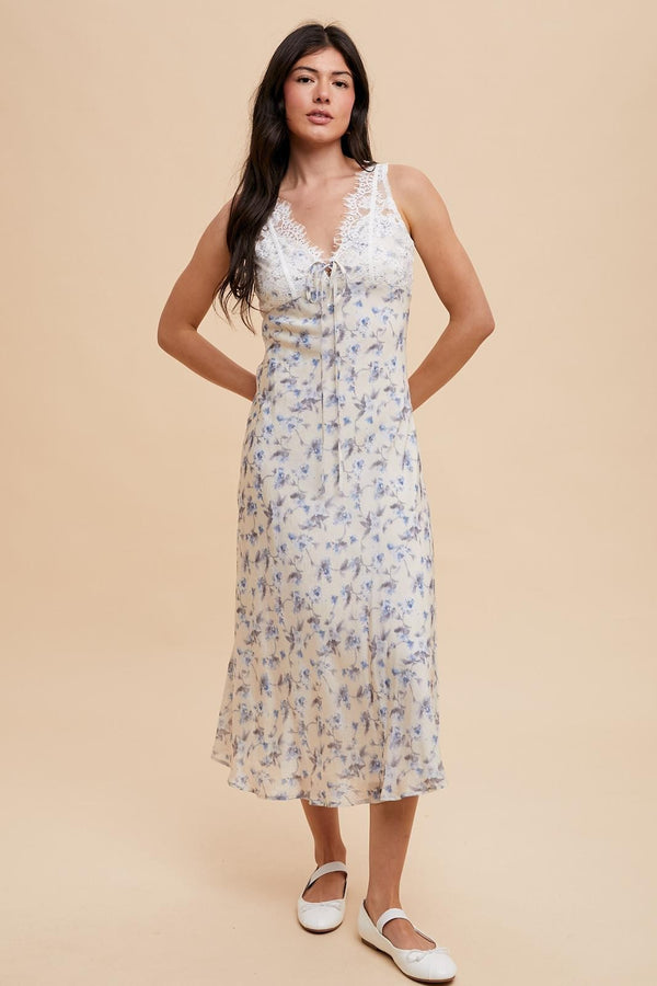 SCALLOPED LACE FLORAL PRINT DRESS in French Blue