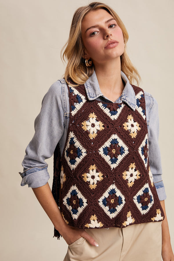 Crochet Granny Square Tassel Tie Vest in Mocha