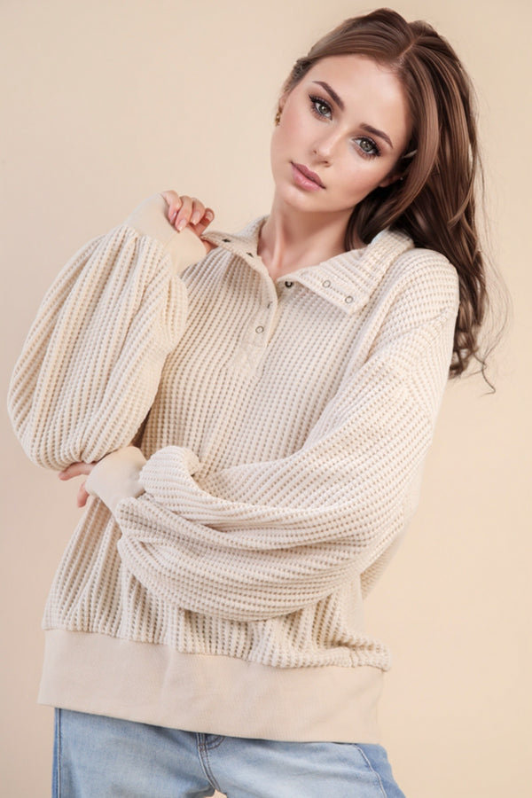 Oversized Half Button Down Casual Waffle Knit Top in Cream