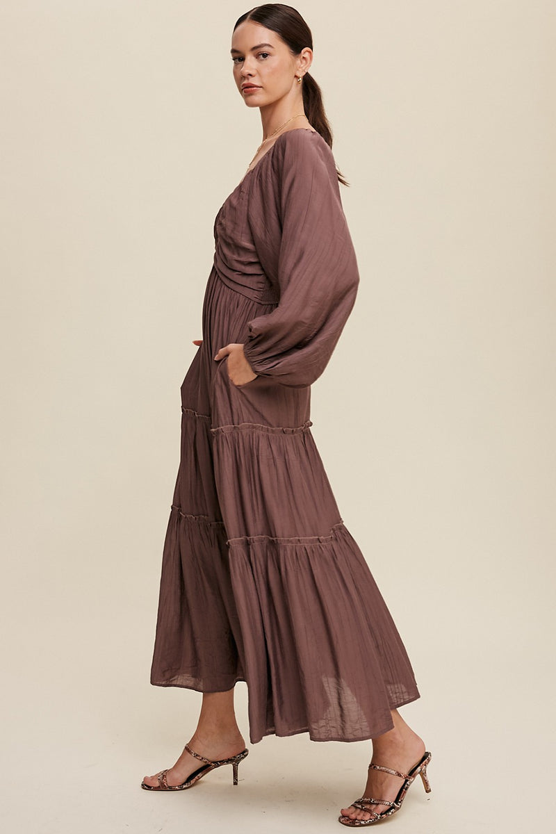 Cinched V-neck Long Sleeve Maxi Dress in Red Bean
