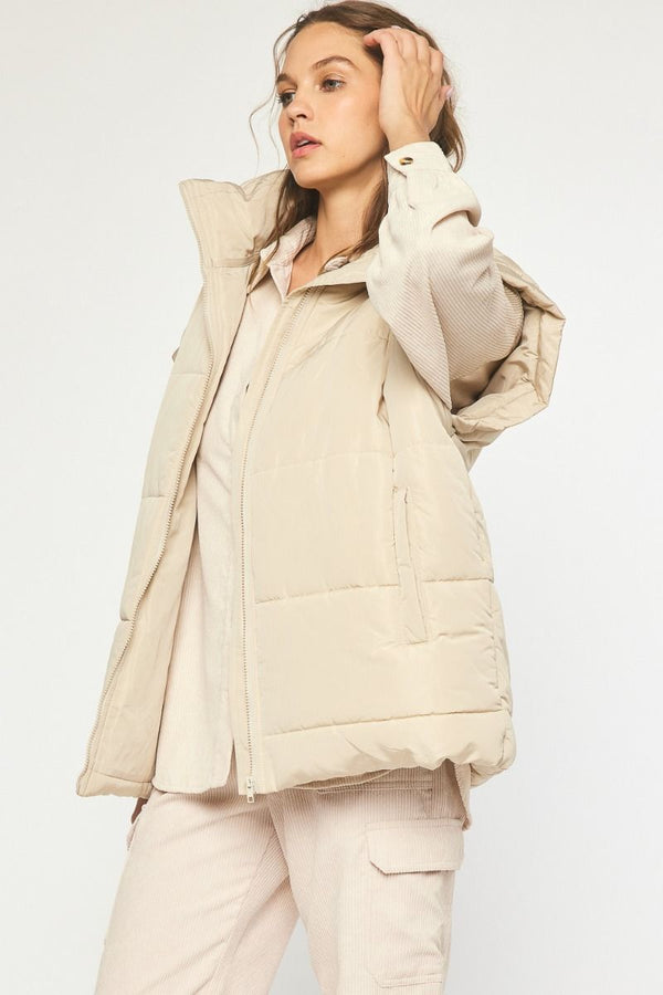 Quilted Collared Oversized Puff Vest in Sand