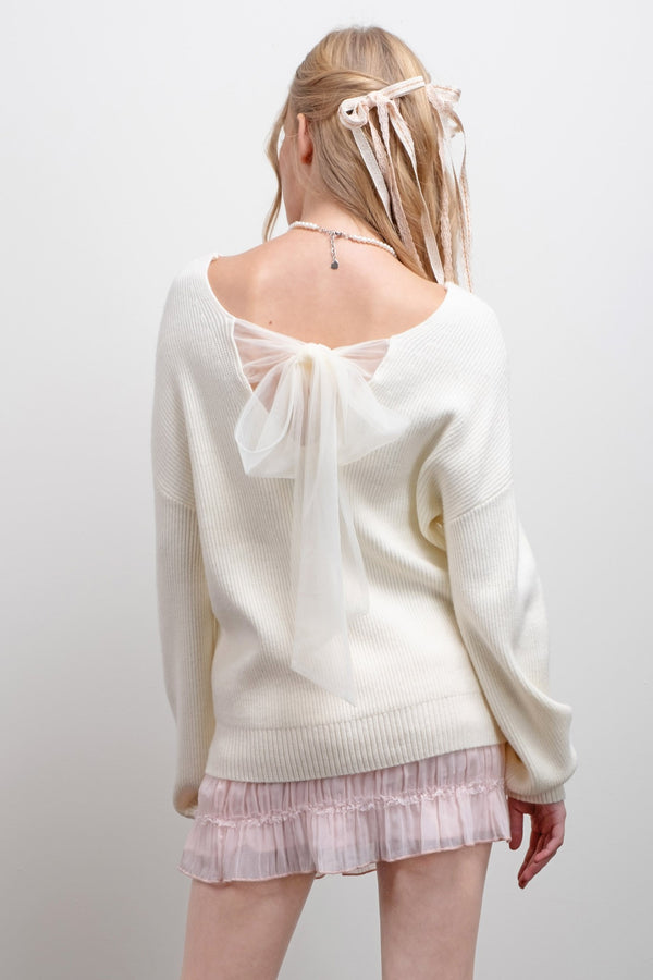 V Neck Drop Shoulder Back Bow Tie Detail Sweater in Cream