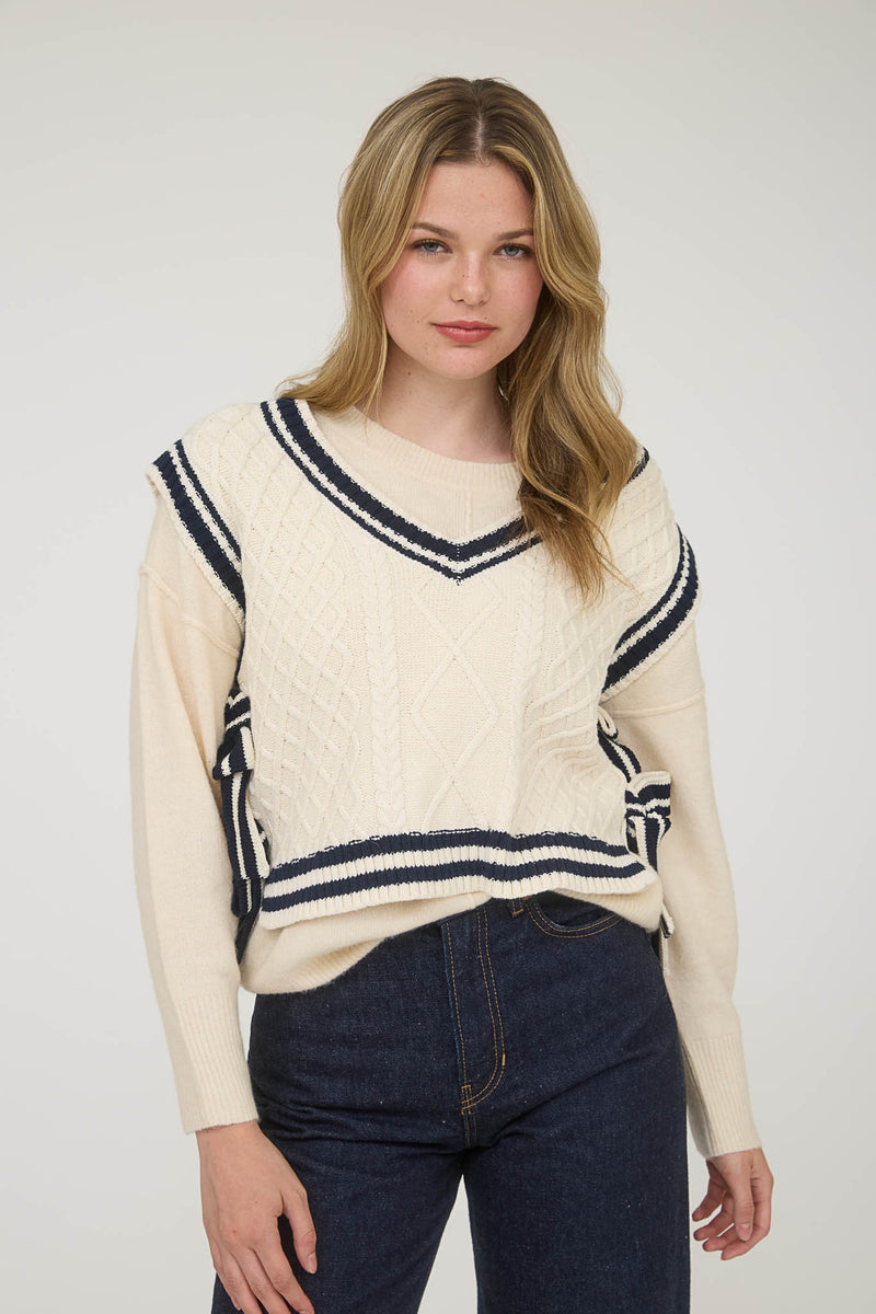 Contrast Line Trim Side Tie Knit Sweater Vest in Cream