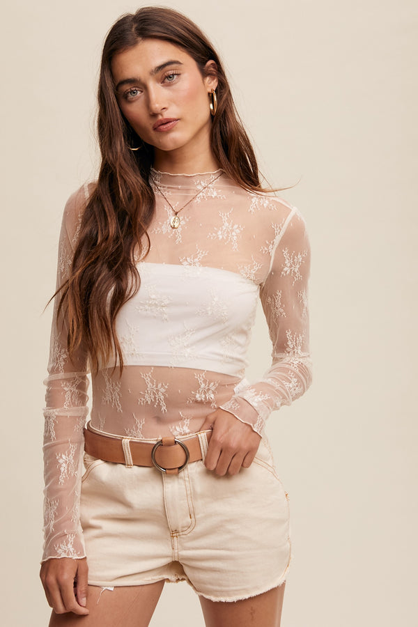 Sheer Lace Long-sleeve Top in Ecru