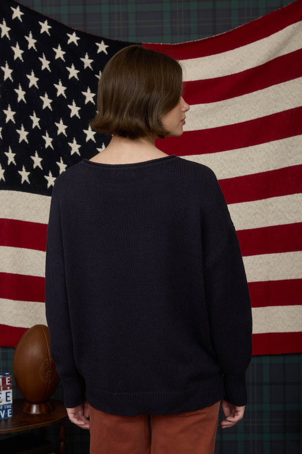 Western Boot Jacquard Long Sleeve Knit Sweater in Navy