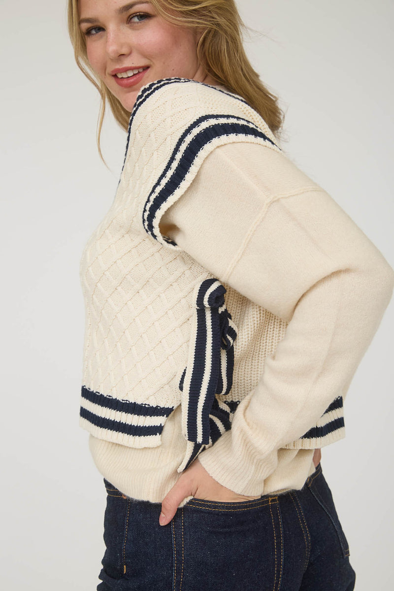 Contrast Line Trim Side Tie Knit Sweater Vest in Cream