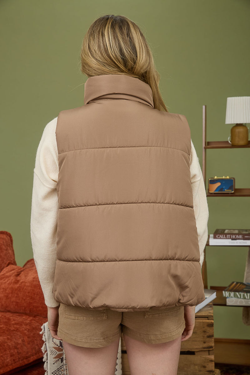 Solid Zip Up Puffer Vest in Cocoa