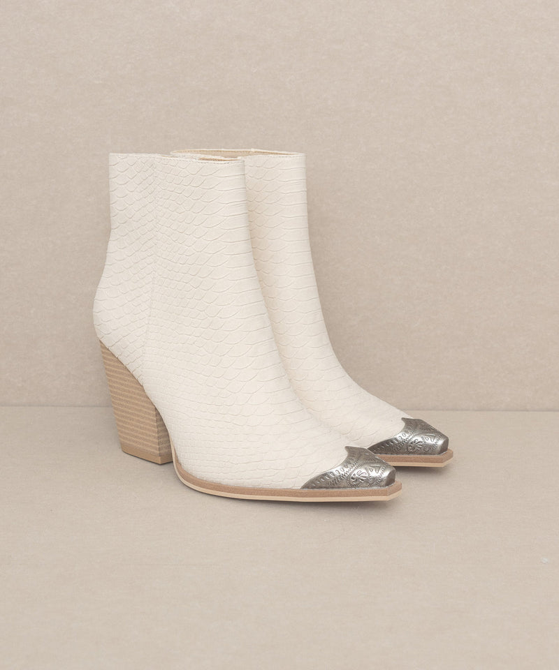 The Zion Beige | Elegant bootie with etched metal toe | by Oasis Society