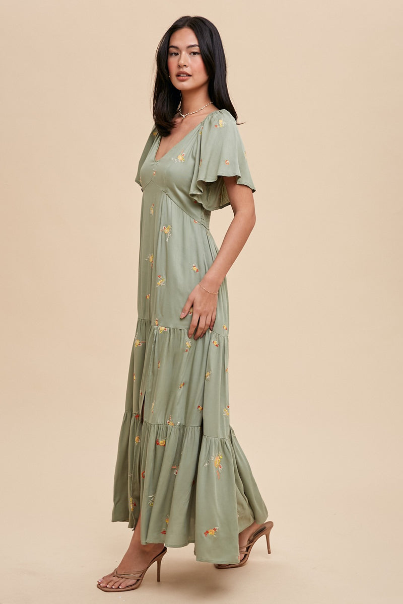 ALL OVER VISCOSE EMBROIDERED MAXI DRESS