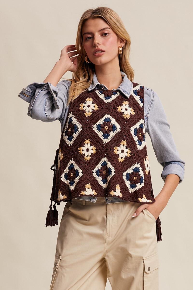 Crochet Granny Square Tassel Tie Vest in Mocha