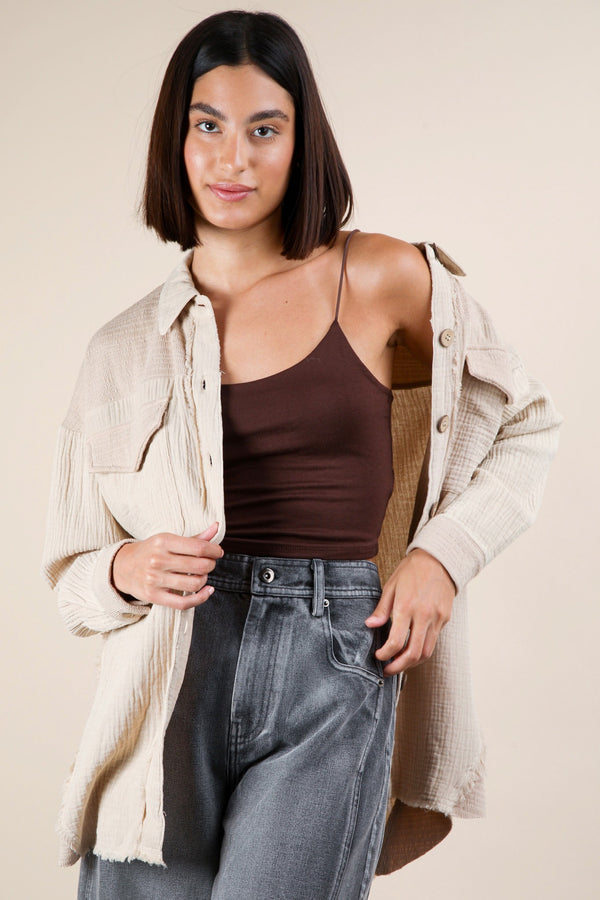 Mineral Washed Oversized Gauze Shacket Jacket in Taupe