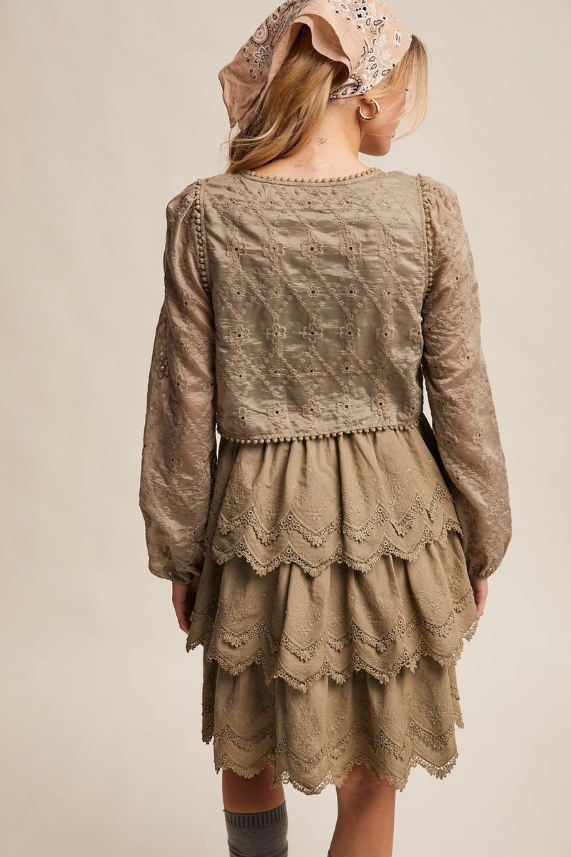 Tiered Scallop Embroidered Mini Dress in Olive