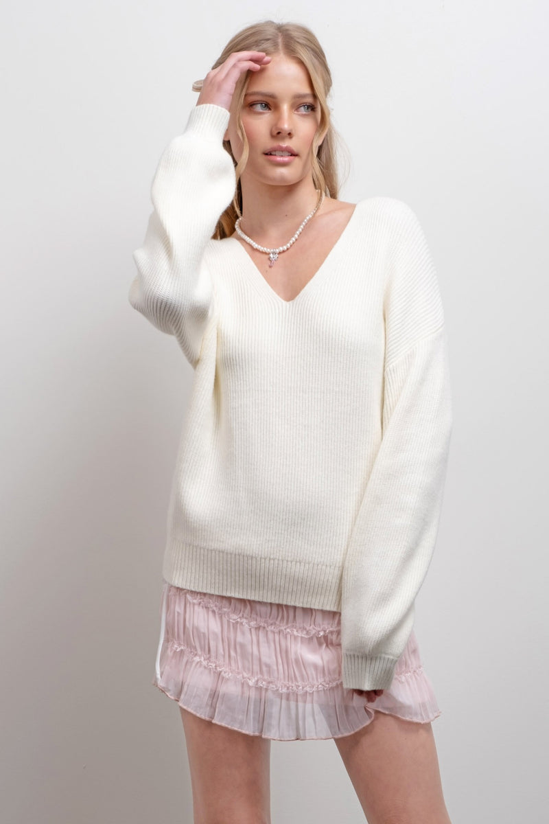 V Neck Drop Shoulder Back Bow Tie Detail Sweater in Cream