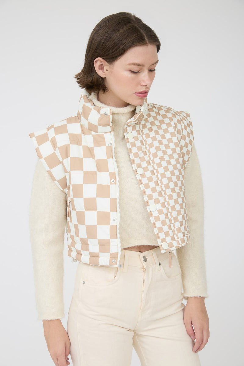 Checkered Cropped Zip-up Puffer Vest in Beige