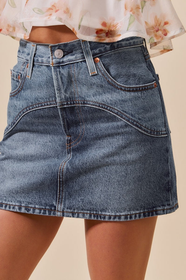 Washed Denim Mini Skirt With Pockets (S-XL)