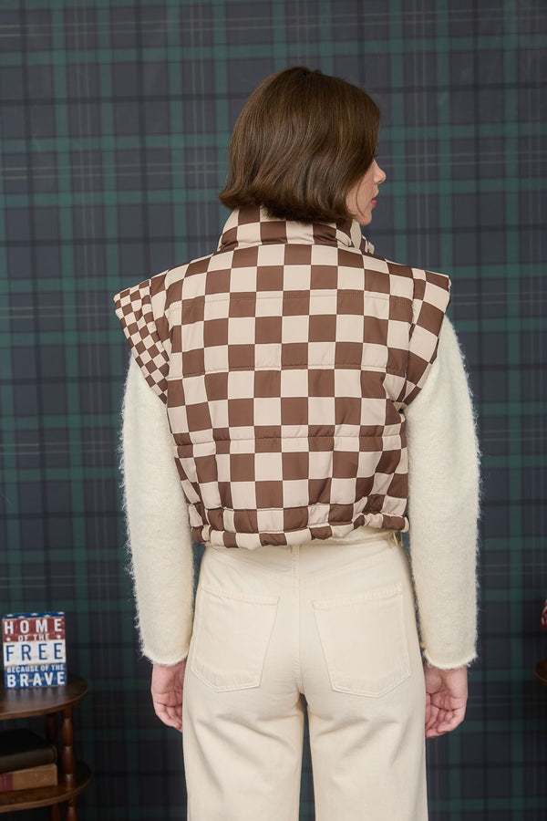 Checkered Cropped Zip-up Puffer Vest in Brown