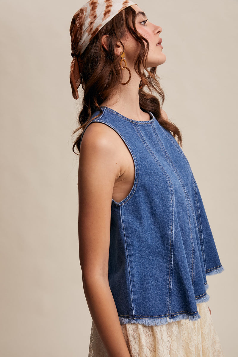 RESTOCK - Denim Flare Peplum Top in Medium Wash