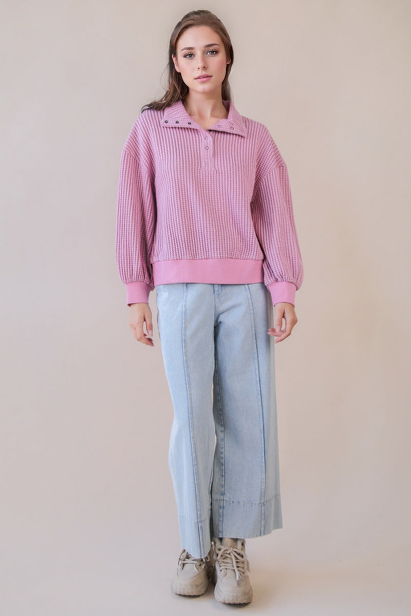 Oversized Half Button Down Casual Waffle Knit Top in Pink