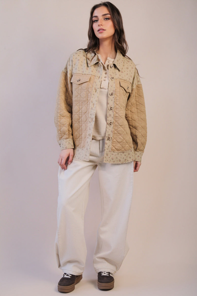 Oversized Floral Printed Contrast Cotton Jacket in Mocha