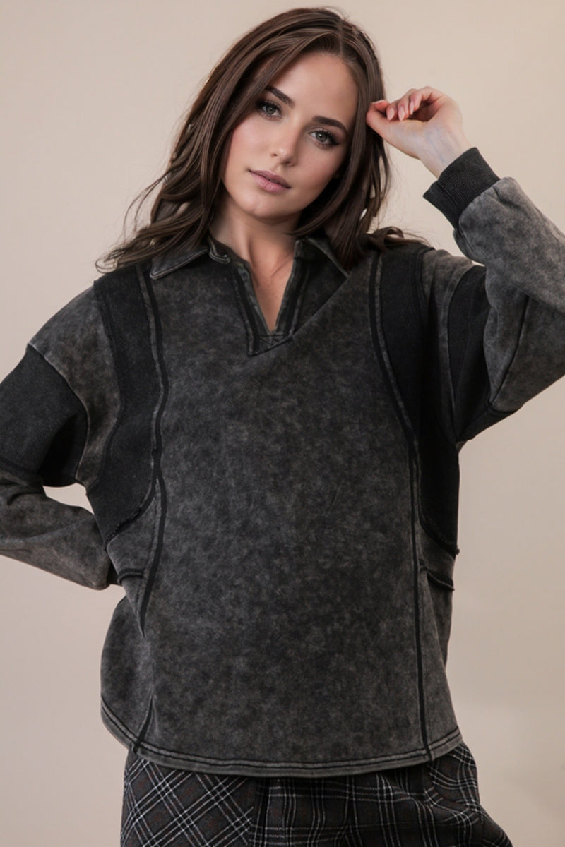 Mineral Washed Oversized French Terry Knit Top in Black