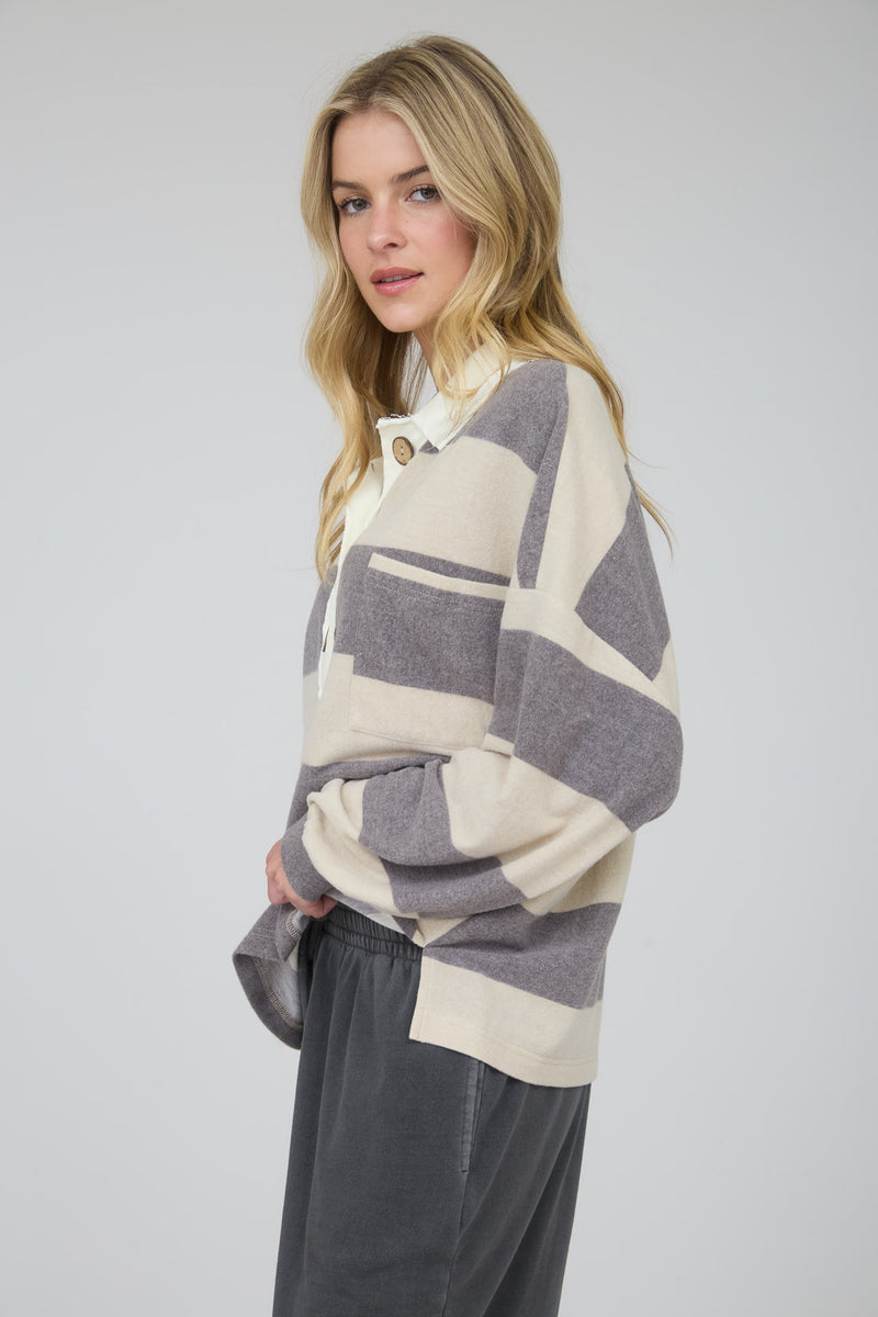 Washed Stripe Contrast Collar Long Sleeve Knit Top in Taupe