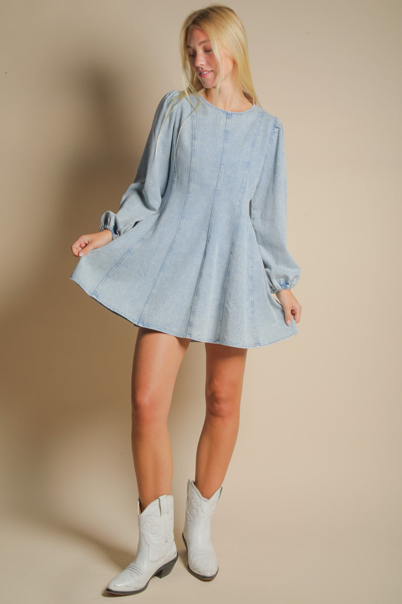 Mineral Washed Denim Seam Detail Mini Dress in Denim