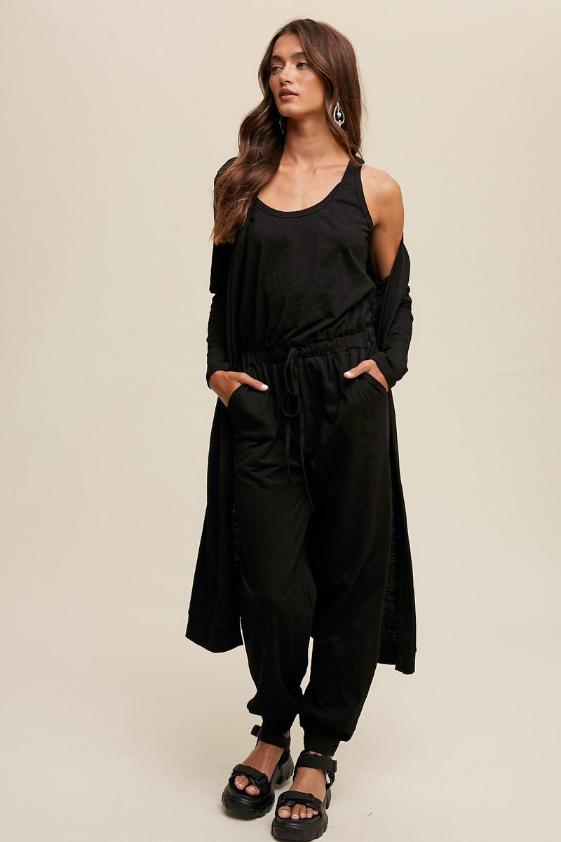 Cotton Jumpsuit and Long Cardigan Knit Set in Black