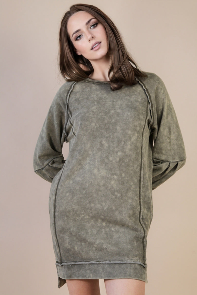 Mineral Washed Raglan Sleeve Casual Mini Dress