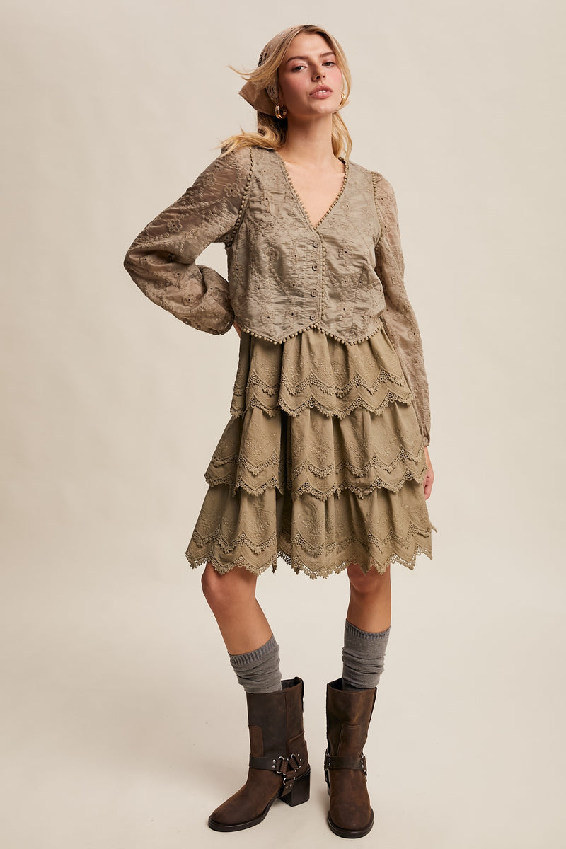 Tiered Scallop Embroidered Mini Dress in Olive