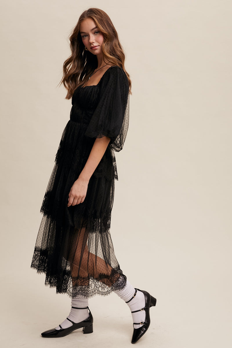 RESTOCK - Romantic Lace Midi Dress in Black