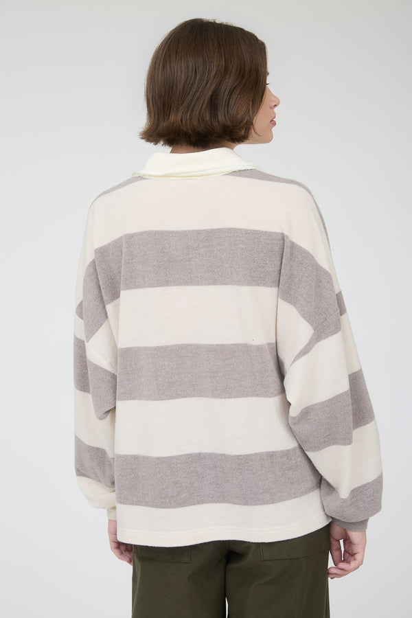Washed Stripe Contrast Collar Long Sleeve Knit Top in Charcoal