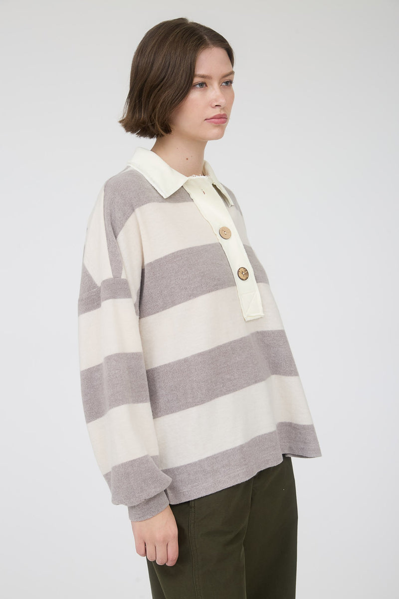 Washed Stripe Contrast Collar Long Sleeve Knit Top in Charcoal