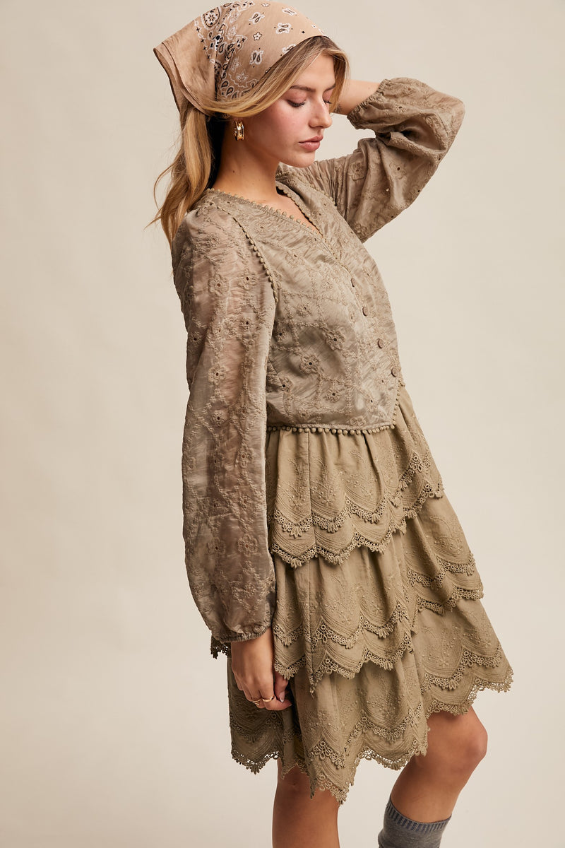 Tiered Scallop Embroidered Mini Dress in Olive