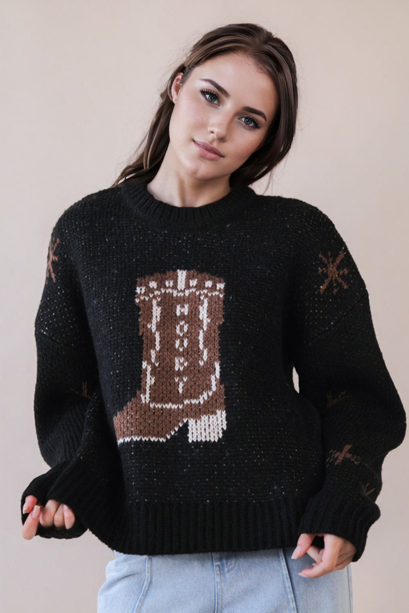 Cowboy Boots Graphic Print Knit Sweater (Black)