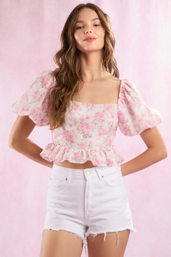 Jacquard Floral Printed Back Tie Detail Top