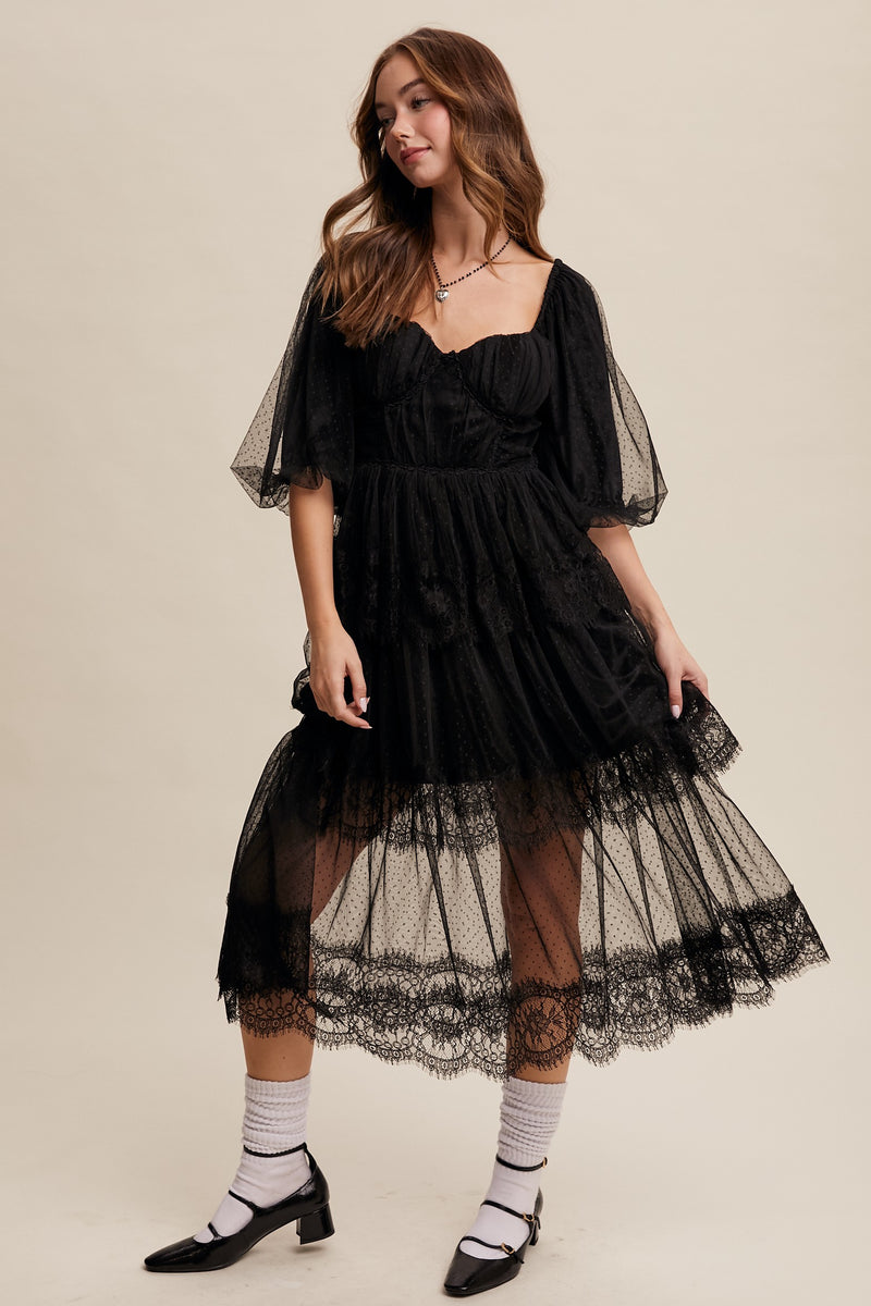 RESTOCK - Romantic Lace Midi Dress in Black