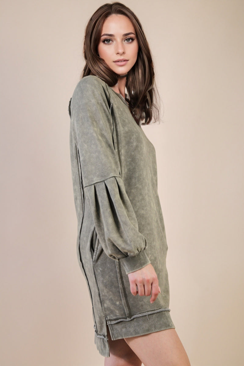 Mineral Washed Raglan Sleeve Casual Mini Dress