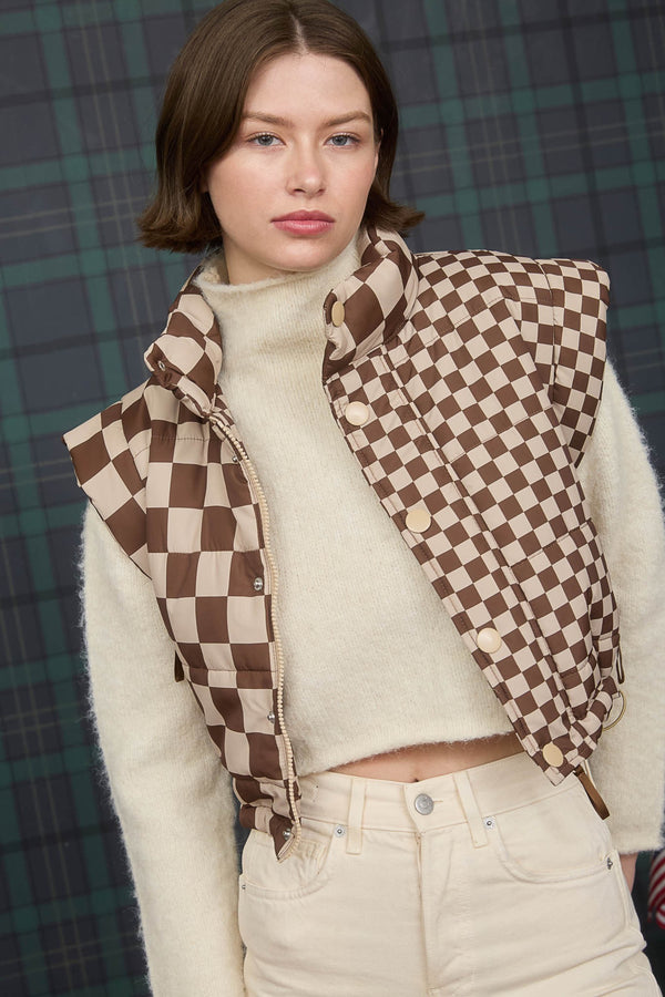 Checkered Cropped Zip-up Puffer Vest in Brown