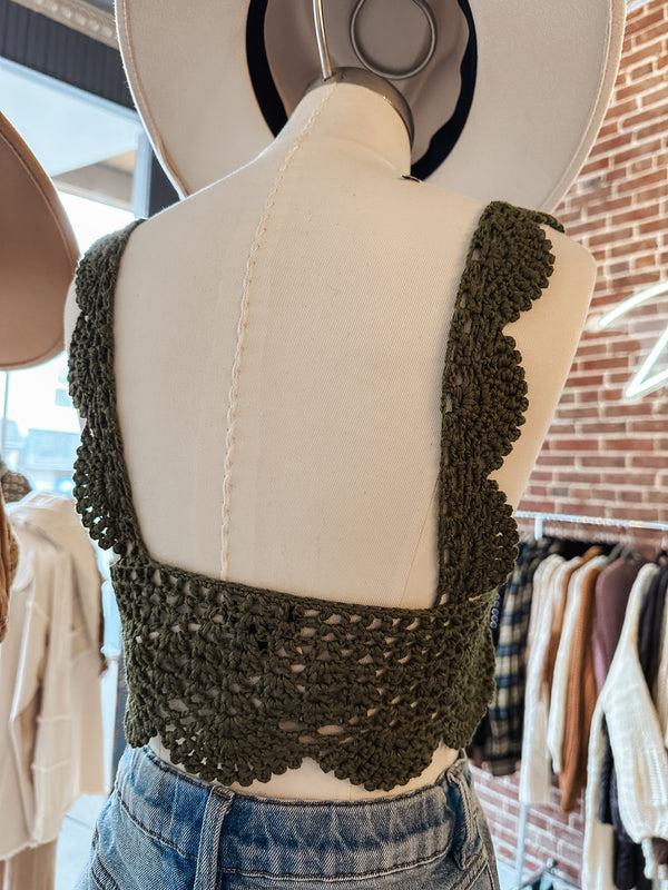 Crochet Tank Crop Top in Olive - Final Sale