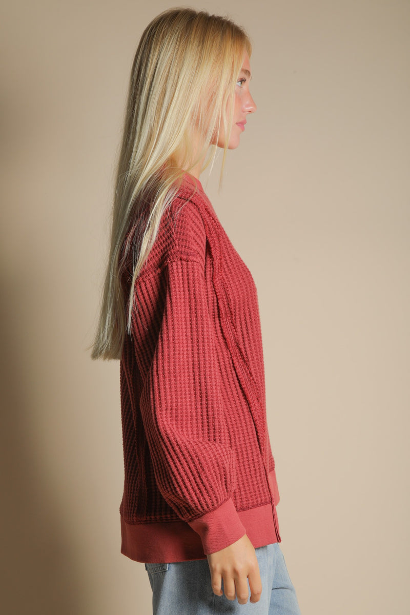 Oversized Waffle Knit Casual Top in Burgundy