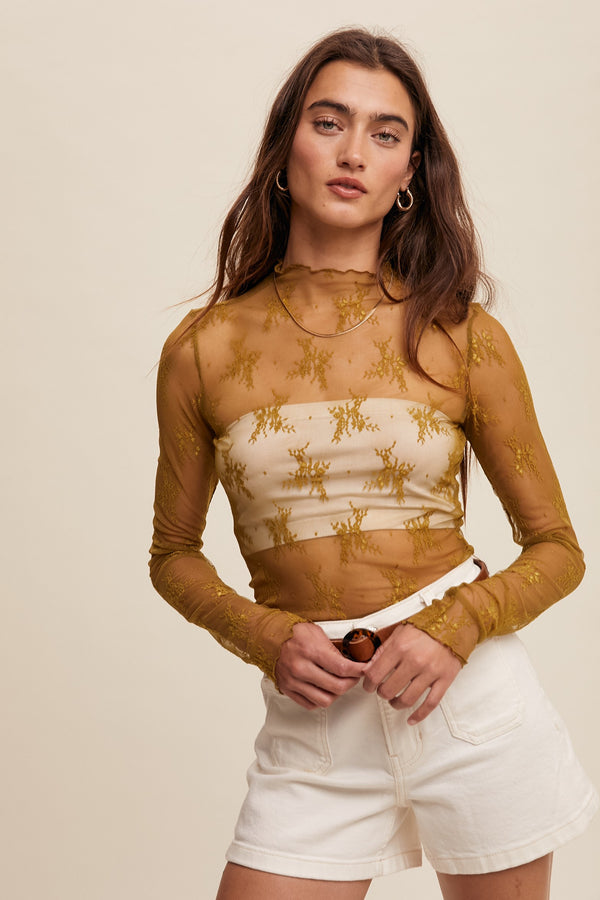 Sheer Lace Long-sleeve Top in Lemon Grass