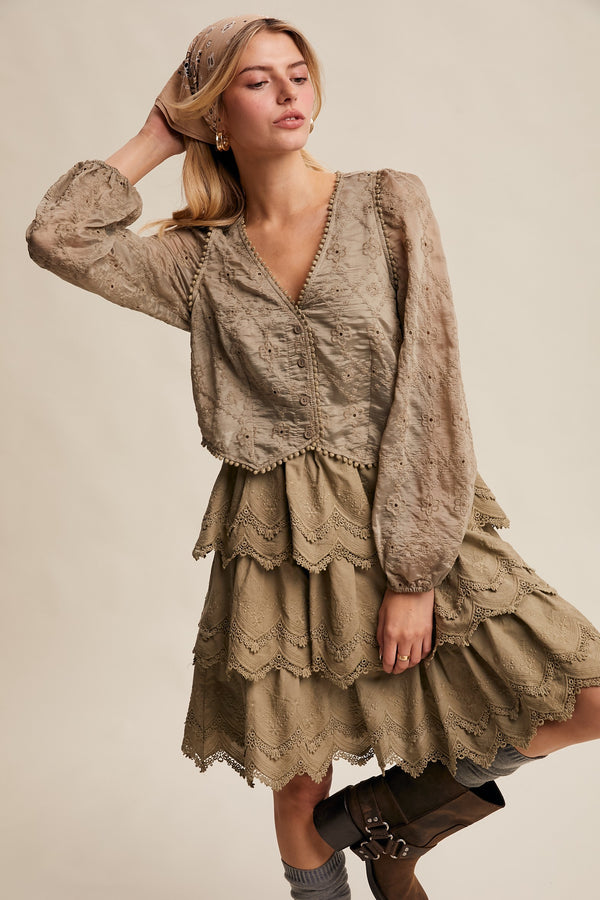 Tiered Scallop Embroidered Mini Dress in Olive