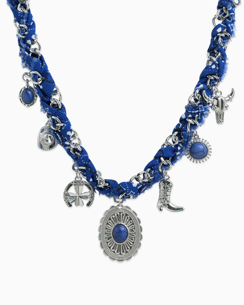 Paisley Scarf Western Concho Multi Charm Necklace in Blue